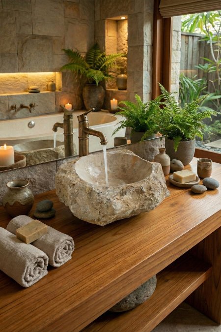 حوض مغسلة حجري طبيعي خام – 35×39 سم